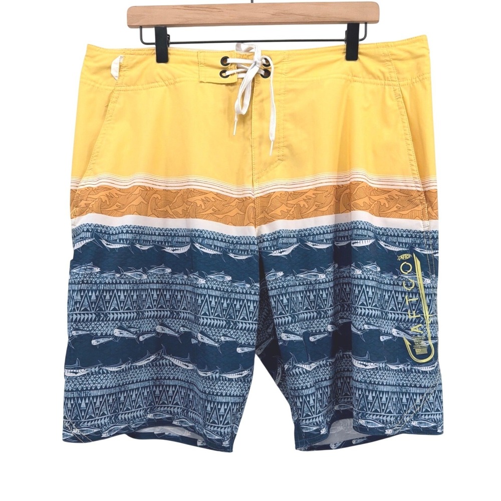 AFTCO Board Shorts Mens 36 Yellow Blue Fish Print Hybrid Performance Swim Trunks